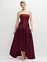 Front View Thumbnail - Cabernet Strapless Fitted Satin High Low Dress with Shirred Ballgown Skirt