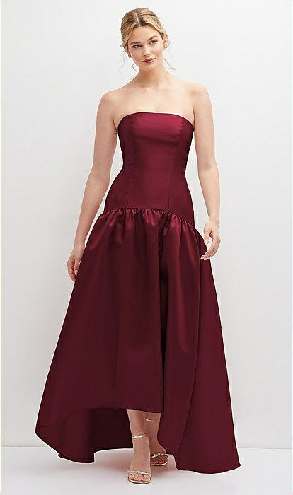 Strapless Fitted Satin High Low Bridesmaid Dress With Shirred