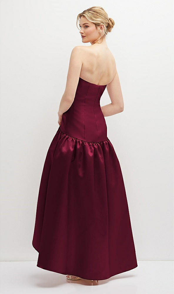 Back View - Cabernet Strapless Fitted Satin High Low Dress with Shirred Ballgown Skirt