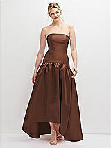 Front View Thumbnail - Cognac Strapless Fitted Satin High Low Dress with Shirred Ballgown Skirt