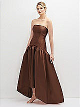 Side View Thumbnail - Cognac Strapless Fitted Satin High Low Dress with Shirred Ballgown Skirt