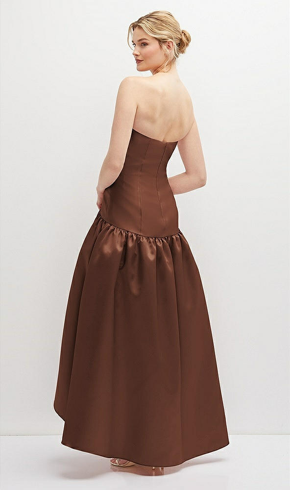 Back View - Cognac Strapless Fitted Satin High Low Dress with Shirred Ballgown Skirt