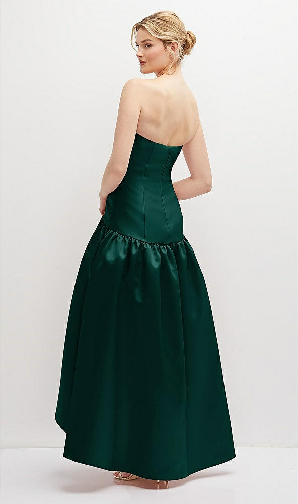 Back View - Evergreen Strapless Fitted Satin High Low Dress with Shirred Ballgown Skirt