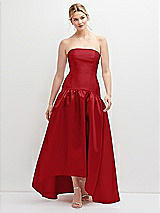 Front View Thumbnail - Garnet Strapless Fitted Satin High Low Dress with Shirred Ballgown Skirt