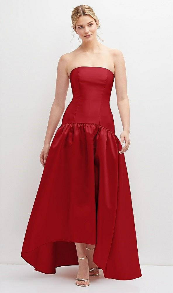 Front View - Garnet Strapless Fitted Satin High Low Dress with Shirred Ballgown Skirt