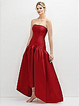 Side View Thumbnail - Garnet Strapless Fitted Satin High Low Dress with Shirred Ballgown Skirt