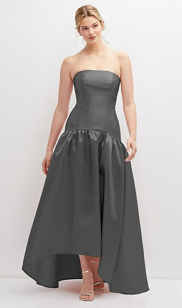 Front View - Gunmetal Strapless Fitted Satin High Low Dress with Shirred Ballgown Skirt