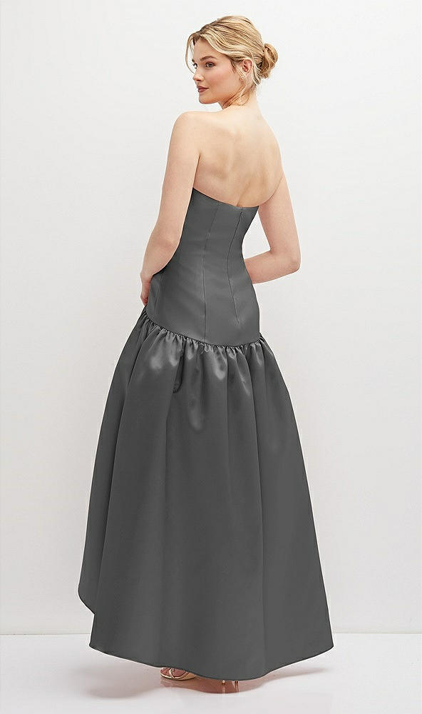 Back View - Gunmetal Strapless Fitted Satin High Low Dress with Shirred Ballgown Skirt
