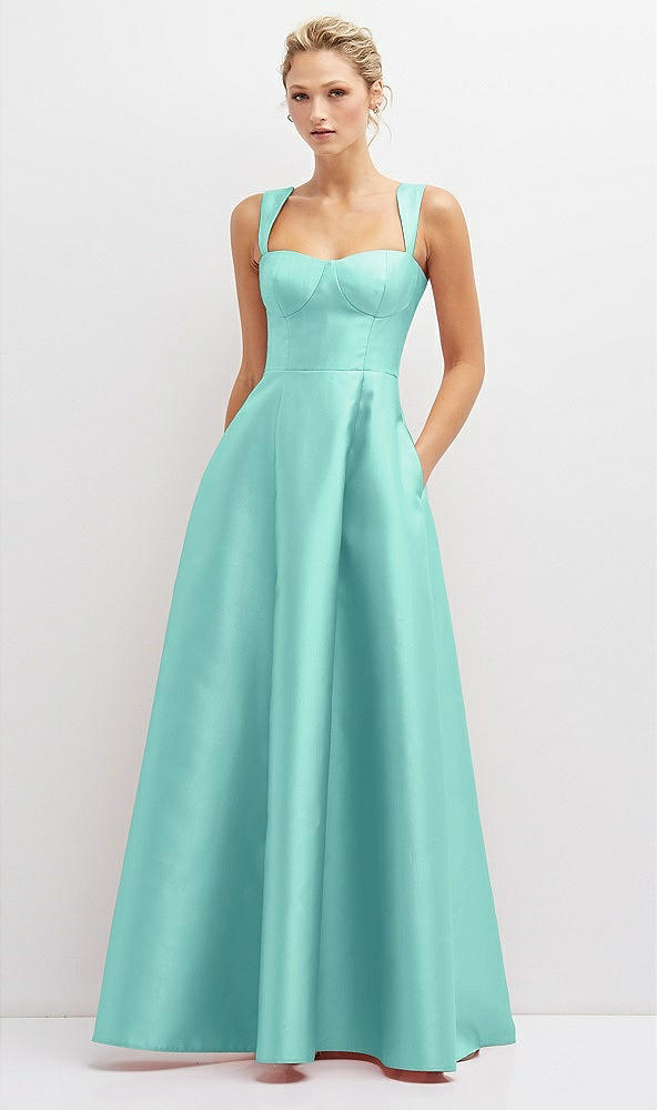 Front View - Coastal Lace-Up Back Bustier Satin Dress with Full Skirt and Pockets