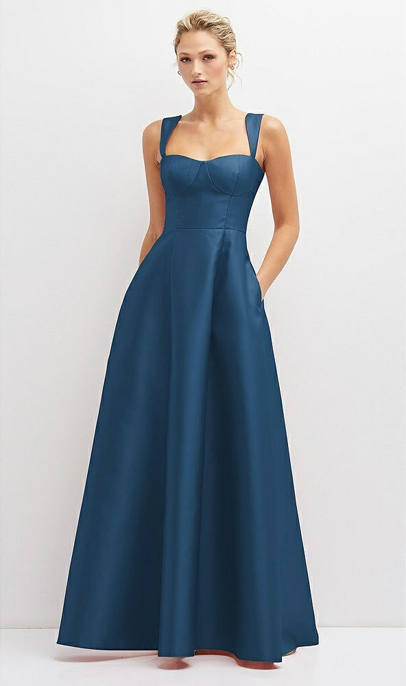Front View - Dusk Blue Lace-Up Back Bustier Satin Dress with Full Skirt and Pockets