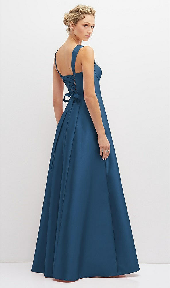 Back View - Dusk Blue Lace-Up Back Bustier Satin Dress with Full Skirt and Pockets