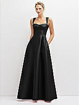 Front View Thumbnail - Black Lace-Up Back Bustier Satin Dress with Full Skirt and Pockets