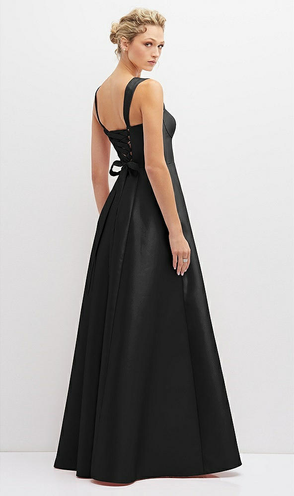 Back View - Black Lace-Up Back Bustier Satin Dress with Full Skirt and Pockets
