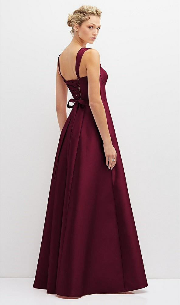 Back View - Cabernet Lace-Up Back Bustier Satin Dress with Full Skirt and Pockets