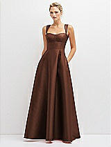 Front View Thumbnail - Cognac Lace-Up Back Bustier Satin Dress with Full Skirt and Pockets