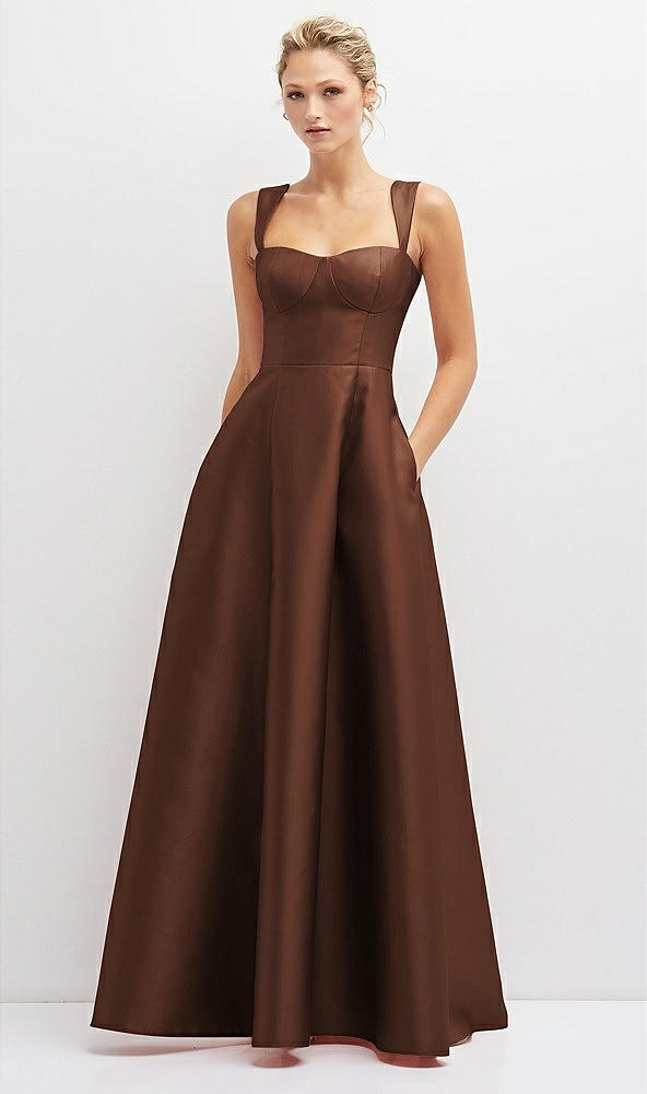 Front View - Cognac Lace-Up Back Bustier Satin Dress with Full Skirt and Pockets