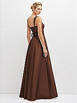 Rear View Thumbnail - Cognac Lace-Up Back Bustier Satin Dress with Full Skirt and Pockets