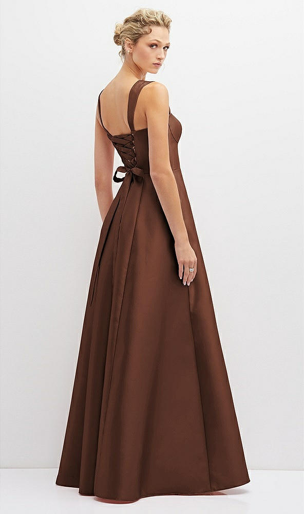Back View - Cognac Lace-Up Back Bustier Satin Dress with Full Skirt and Pockets