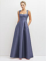 Front View Thumbnail - French Blue Lace-Up Back Bustier Satin Dress with Full Skirt and Pockets