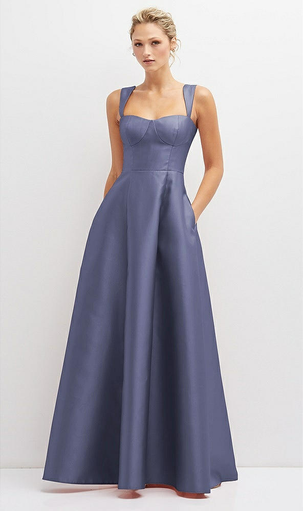 Front View - French Blue Lace-Up Back Bustier Satin Dress with Full Skirt and Pockets