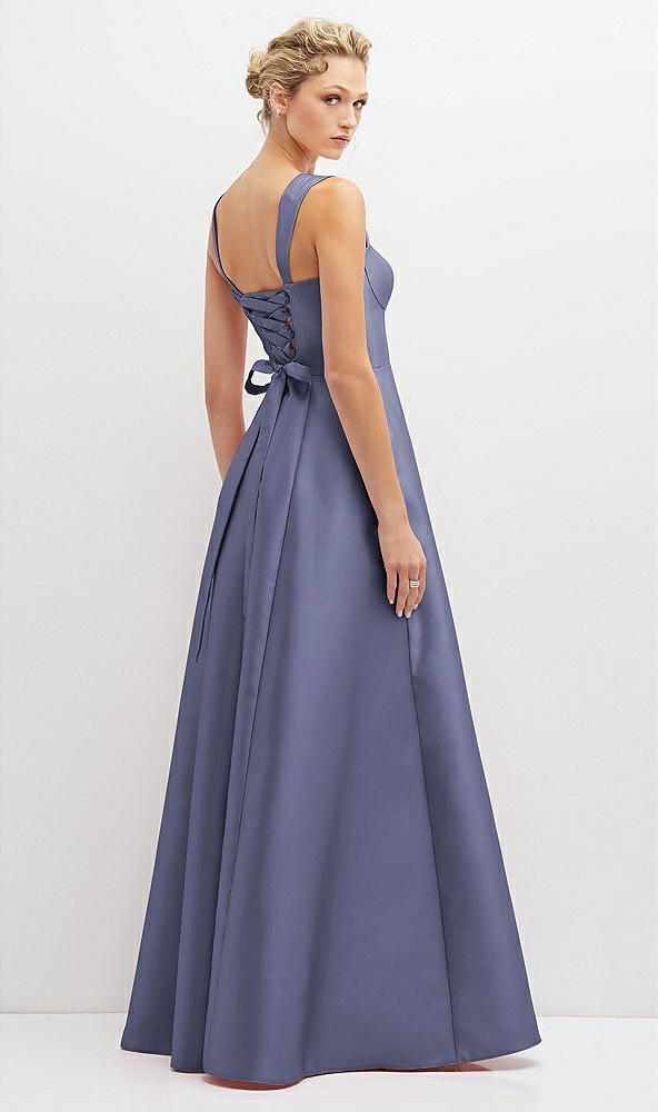 Back View - French Blue Lace-Up Back Bustier Satin Dress with Full Skirt and Pockets