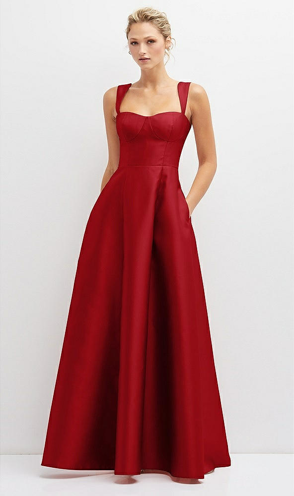 Front View - Garnet Lace-Up Back Bustier Satin Dress with Full Skirt and Pockets