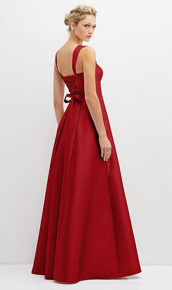 Back View - Garnet Lace-Up Back Bustier Satin Dress with Full Skirt and Pockets