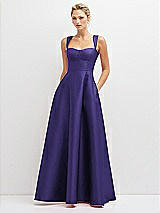 Front View Thumbnail - Grape Lace-Up Back Bustier Satin Dress with Full Skirt and Pockets