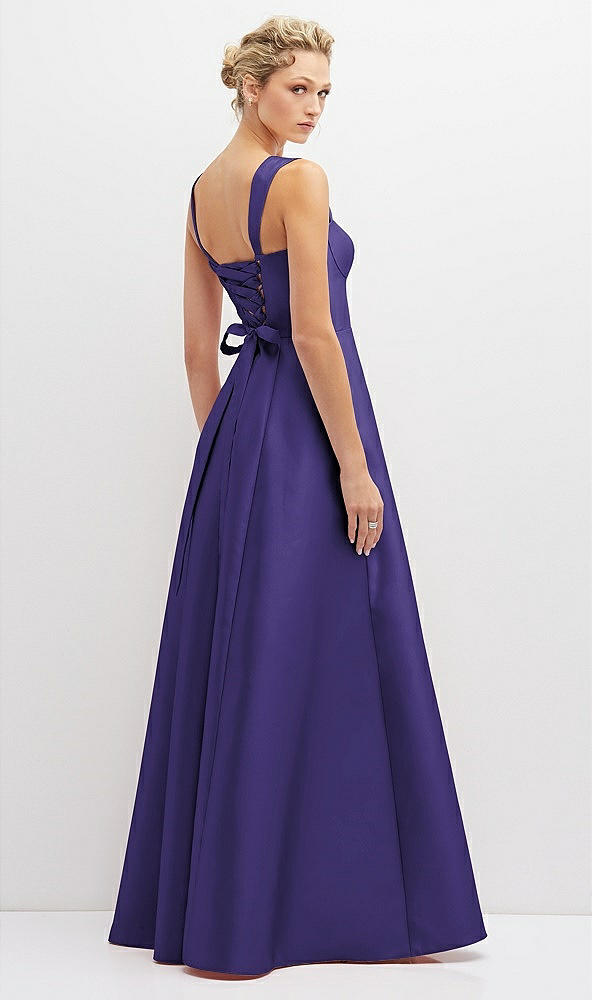 Back View - Grape Lace-Up Back Bustier Satin Dress with Full Skirt and Pockets