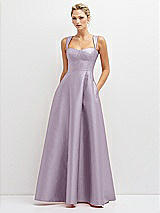 Front View Thumbnail - Lilac Haze Lace-Up Back Bustier Satin Dress with Full Skirt and Pockets