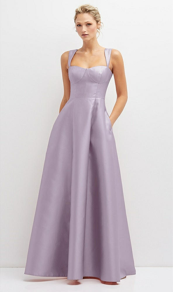 Front View - Lilac Haze Lace-Up Back Bustier Satin Dress with Full Skirt and Pockets