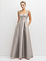 Front View Thumbnail - Taupe Lace-Up Back Bustier Satin Dress with Full Skirt and Pockets