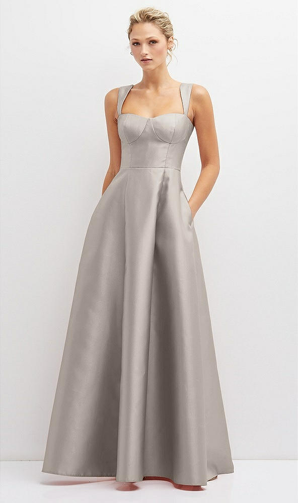 Front View - Taupe Lace-Up Back Bustier Satin Dress with Full Skirt and Pockets