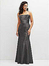 Front View Thumbnail - Caviar Gray Strapless Satin Fit and Flare Dress with Crumb-Catcher Bodice