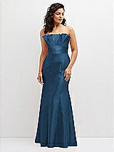 Front View Thumbnail - Dusk Blue Strapless Satin Fit and Flare Dress with Crumb-Catcher Bodice