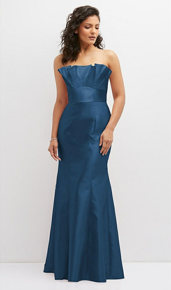Front View - Dusk Blue Strapless Satin Fit and Flare Dress with Crumb-Catcher Bodice