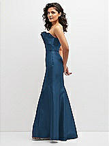 Side View Thumbnail - Dusk Blue Strapless Satin Fit and Flare Dress with Crumb-Catcher Bodice