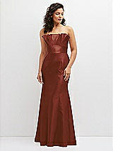Front View Thumbnail - Auburn Moon Strapless Satin Fit and Flare Dress with Crumb-Catcher Bodice