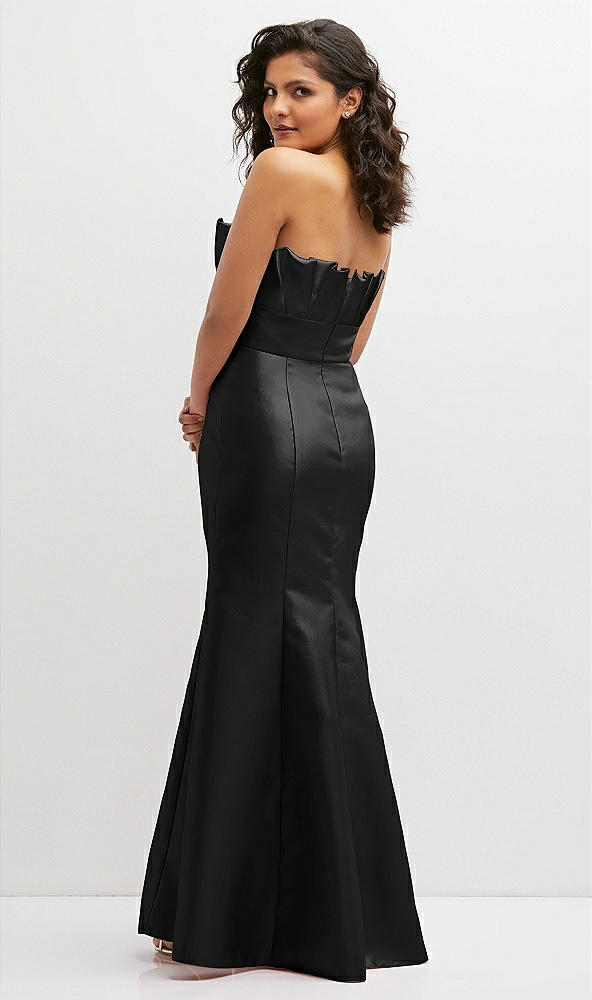 Back View - Black Strapless Satin Fit and Flare Dress with Crumb-Catcher Bodice