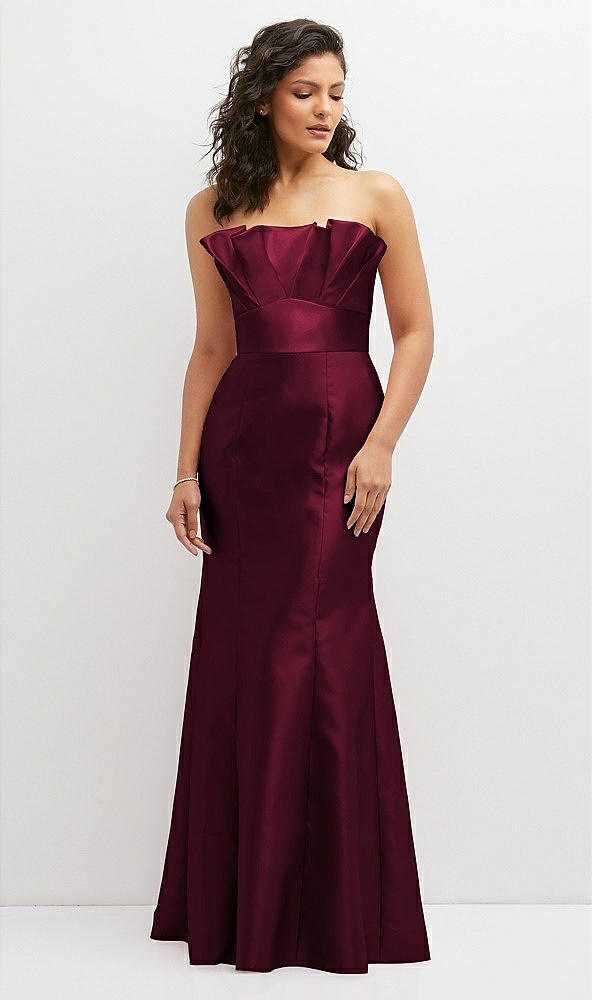 Front View - Cabernet Strapless Satin Fit and Flare Dress with Crumb-Catcher Bodice