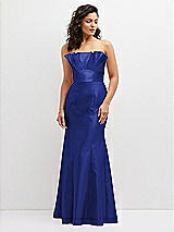Front View Thumbnail - Cobalt Blue Strapless Satin Fit and Flare Dress with Crumb-Catcher Bodice