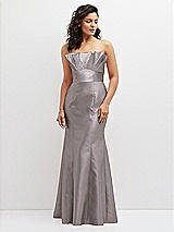 Front View Thumbnail - Cashmere Gray Strapless Satin Fit and Flare Dress with Crumb-Catcher Bodice
