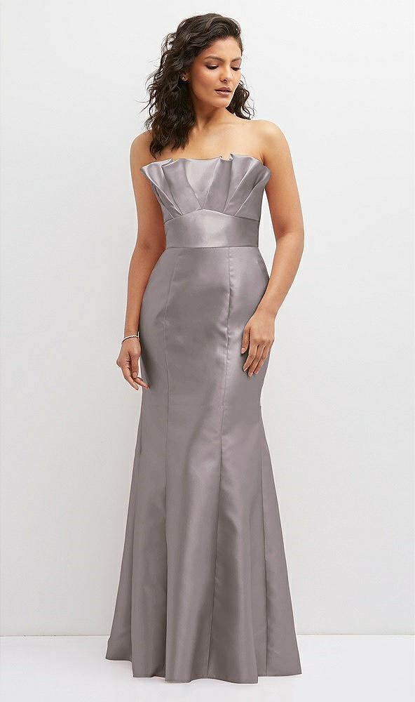 Front View - Cashmere Gray Strapless Satin Fit and Flare Dress with Crumb-Catcher Bodice
