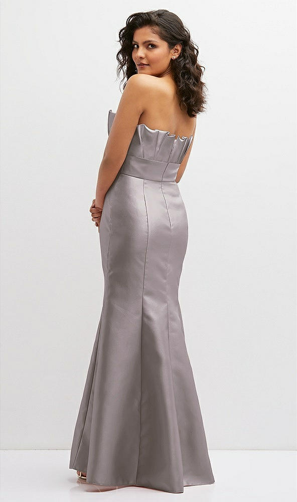 Back View - Cashmere Gray Strapless Satin Fit and Flare Dress with Crumb-Catcher Bodice