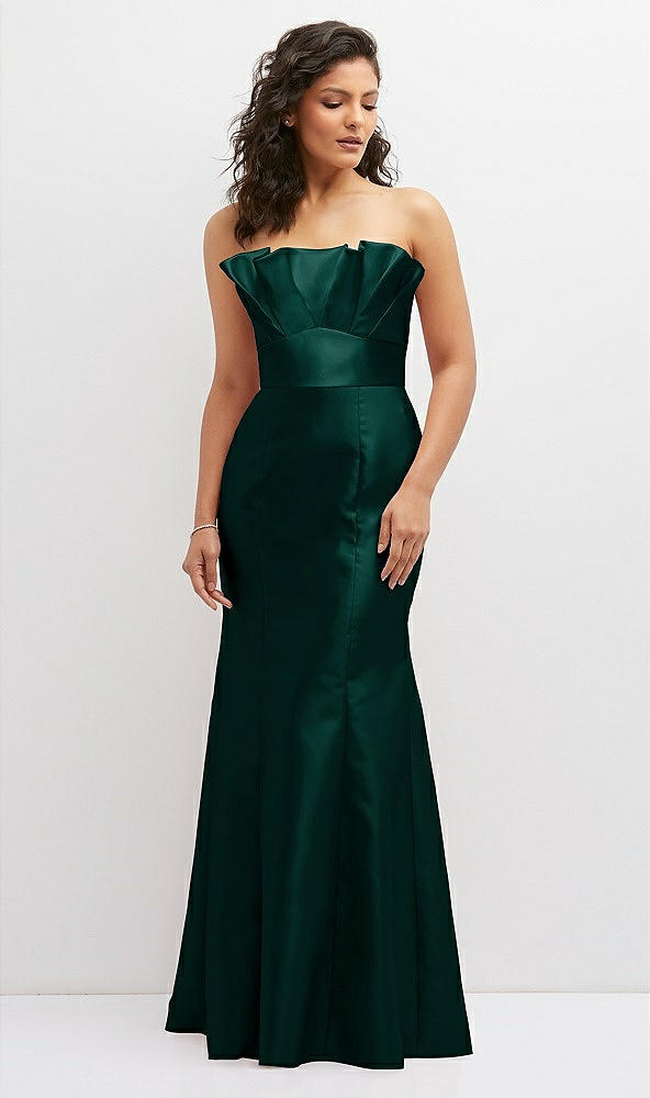Front View - Evergreen Strapless Satin Fit and Flare Dress with Crumb-Catcher Bodice