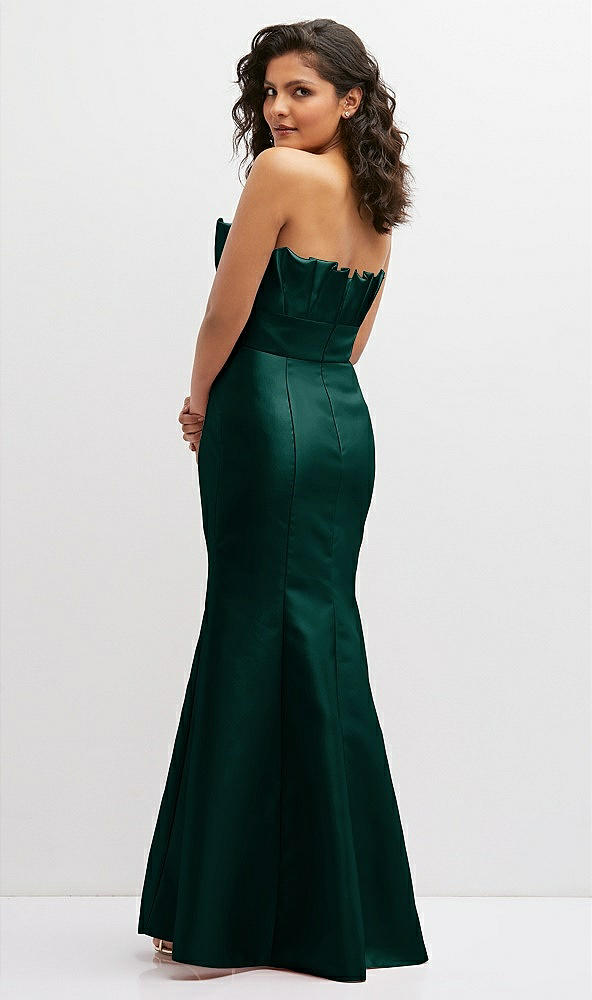 Back View - Evergreen Strapless Satin Fit and Flare Dress with Crumb-Catcher Bodice