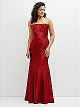 Front View Thumbnail - Garnet Strapless Satin Fit and Flare Dress with Crumb-Catcher Bodice