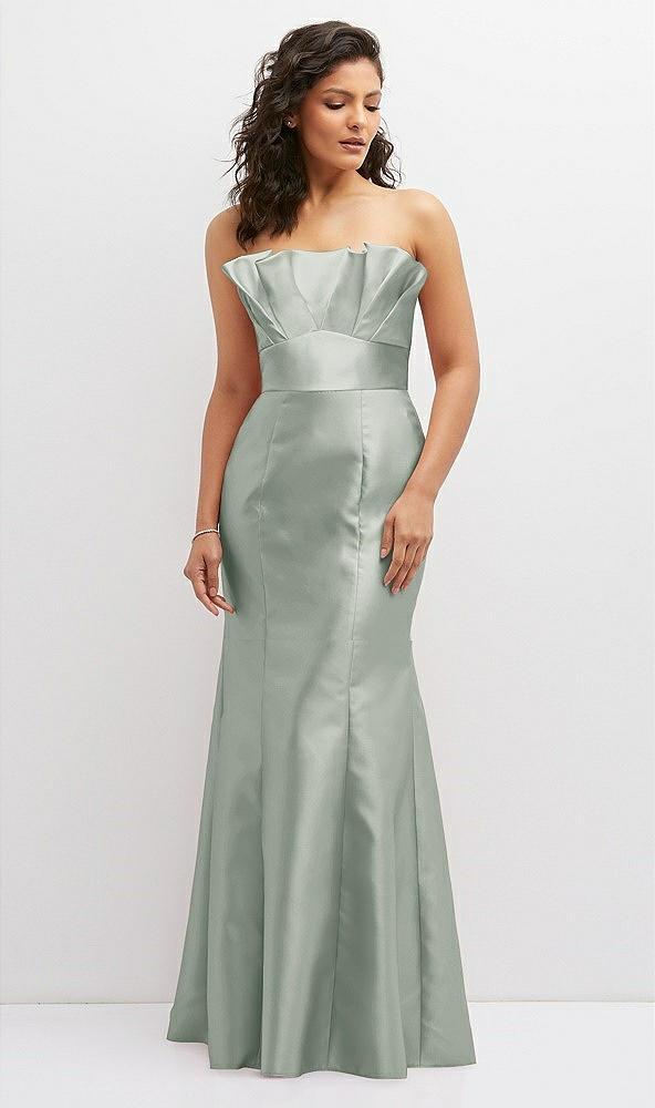 Front View - Willow Green Strapless Satin Fit and Flare Dress with Crumb-Catcher Bodice