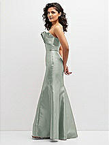 Side View Thumbnail - Willow Green Strapless Satin Fit and Flare Dress with Crumb-Catcher Bodice