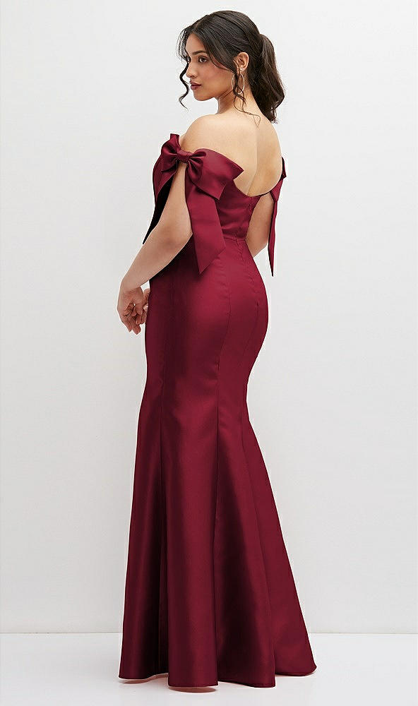 Back View - Burgundy Off-the-Shoulder Bow Satin Corset Dress with Fit and Flare Skirt